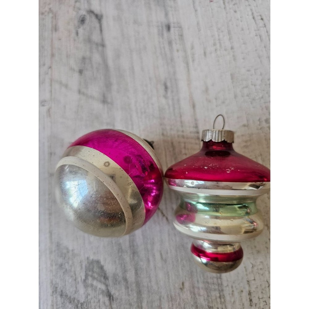 Vintage radko shiny Brite UFO ball pink white striped ornament mercury glass Xma